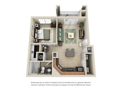 Floor plan for 1 bed, 1 bath, 643 sqft